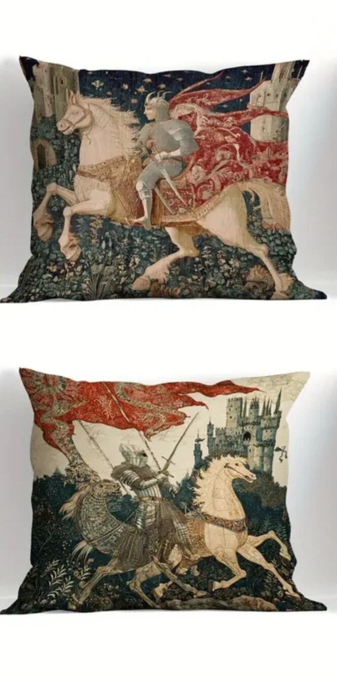 2 European Knights Pillowcase Cover Only 18"x18" Medieval Horses Armor Ren Faire